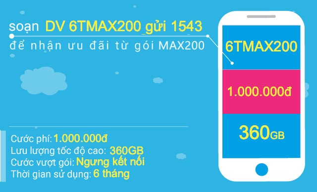 Đăng ký gói 6TMAX200 Vinaphone tặng 360GB + Miễn phí MyTV