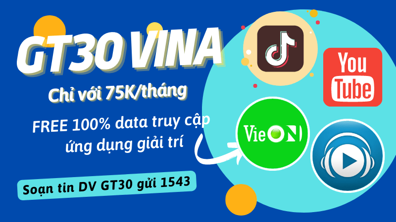 Đăng ký gói GT30 Vinaphone chỉ với 75k miễn phí data Youtube, Tiktok, Vieon, NCT
