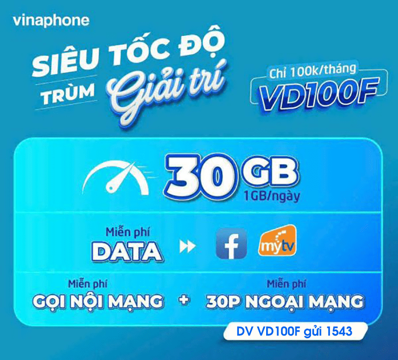 Đăng ký gói VD100F Vinaphone ưu đãi 30GB, Free gọi, Free Facebook